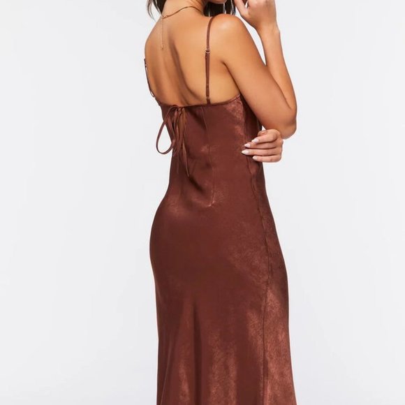 BOGO Forever 21 Brown Satin Cowl Neck Midi Dress Size Medium - Picture 3 of 11